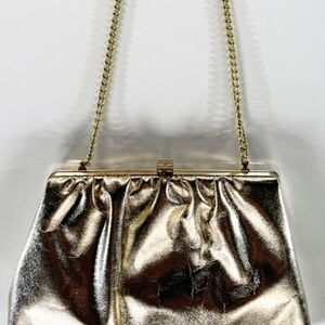 Vintage Metallic Gold Evening Bag Clutch Purse w Hide Away Chain Strap Glam Lame